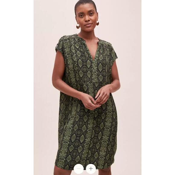 by ANTHROPOLOGIE Rachel Tunic Dress V Neck Snakeskin Print Green Petite S PS - Picture 5 of 12